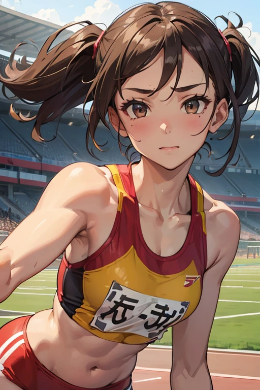 1 Beautiful ,dynamic angle,girl track and field athlete,small head,big breasts,meaty, at track and field ,(detailed beautiful face:1.4),detailed skin、emphasize the chest、The chest is visible