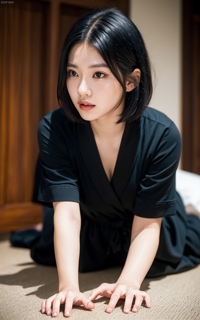 Highly detailed CG Unity 8K wallpaper, highest quality, Super detailed, masterpiece, realistic, photorealistic, Highly detailed cute girl, 25 years old, ((black hair: 1.4)), ((Dyed black)), (gal), round eyes, viewer, blush, parted lips, semi body shot, (bathrobe) , bed , crawl on all fours ,short hair, Ria_Sunda