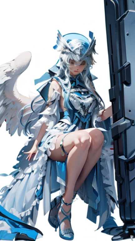 a magical astromancer and conjurer girl harpya, hair bobbles, wince, longeyelashes, solid circle eyes, light smile, ear blush, fang, drop shadow, pov, atmospheric perspective, 8k, super detail, accurate, best quality, white hair, cute sticker girl, anime, adult woman, wings, vtuber, abreast, oriental girl, perfect body proportions, intricate details, highly details.