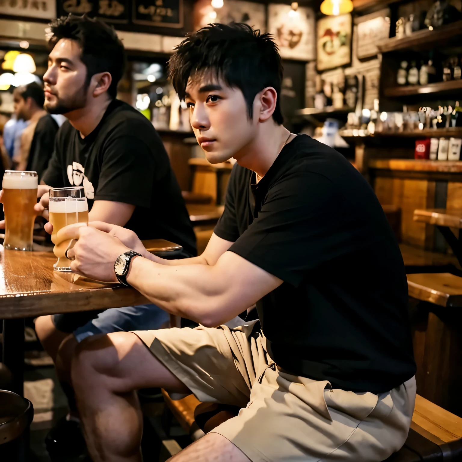 Are fat, hairy legs, wide shot, drink beer at the pub, sitting, From the side, whole body, muscular and toned legs, two block, long legs, Japan Male, 27 years old, thin beard, wearing shorts, wearing a t-shirt, very short hair, black hair