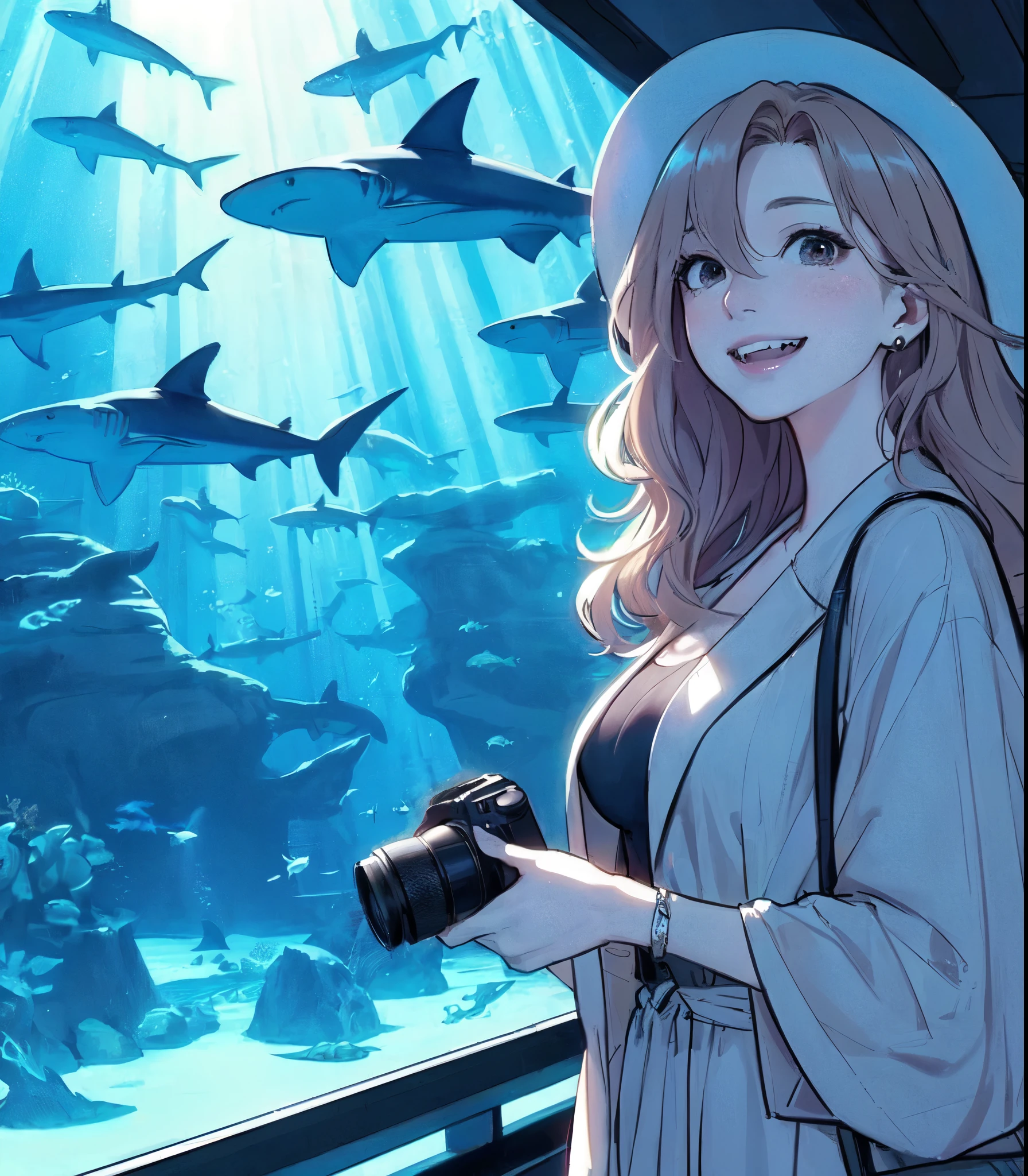 1lady standing, (watching hammerhead sharks in the tank), (holding a camera), (stylish outfit), mature female, /(light brown hair/) bangs, blush joyful smile (eyes sparkling with joy), (masterpiece best quality:1.2) delicate illustration ultra-detailed, large breasts BREAK (realistic hammerhead sharks), (lighting from ceiling) BREAK aquarium (dimly lit room) indoors, (massive tank)