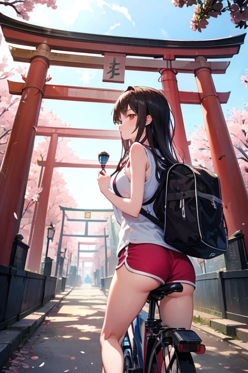 a girl rides a bicycle, dolphin shorts, a group of red lanterns sitting in front of a tall building, inspired by Torii Kiyomasu, pixiv, conceptual art, unreal engine ; romantic theme, sakura season dynamic lighting, close up of iwakura lain, mysterious temple setting