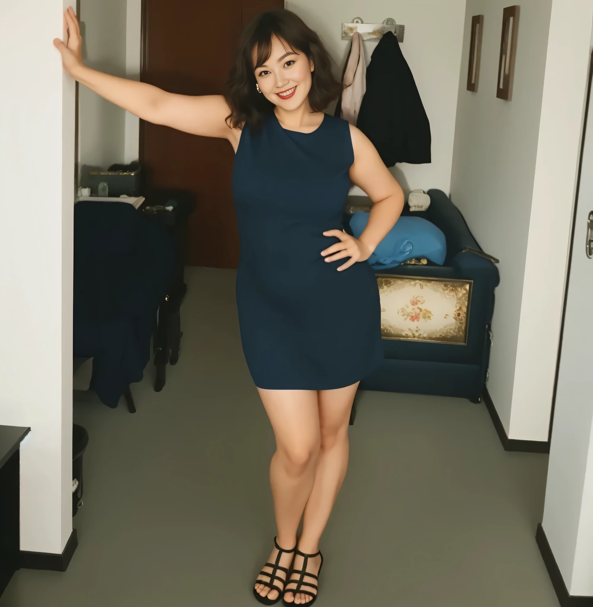 There is a woman in a dark blue dress posing for a photo, usando um vestido azul, ela tem cerca de 30 anos, Usando um vestido azul escuro, usando um vestido azul escuro justo, um vestido de coquetel, usando um vestido maravilhoso. Uma mulher com pele branca e cabelos escuros. Ela tem trinta anos. Seu vermelho, slightly plump lips are like a delicate flower, e ela grande, olhos encantadores parecem conter um mundo de maravilhas. Ela tem 30 anos. Ela tem 162cm de altura, o corpo dela pesa 56 kg. Your body exudes glamor and your face is the definition of beauty. pernas bem torneadas. Altamente realista, pele avermelhada, beautiful lips, sorriso, feeling of lightness and joy, hiperrealismo, pele muito elaborada, olhar direto, trabalho de arte, Foto de alta qualidade, high resolution, 8k.