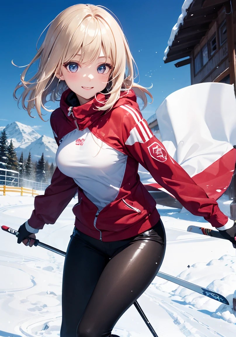 masterpiece, absurdres, best quality, ultra detailed, high Resolution, detailed illustration, extremely beautiful detailed face and eyes, bright colour, 1girl, (loli), cute face, Delicate beautiful face, magenta eyes, cute eyes, sparkling eyes, big eyes, medium breasts, (perky breasts:1.1), (pointy breasts:1.1), medium hips, glamorous body, white skin, Smile, BREAK, long bob cut, (blonde hair:0.8), messy hair, detailed hair, shiny hair, BREAK skiing wear, tiny ribbon, Ski resort, ski slope, winter, playing ski, real world, natural lights, perfect lighting,