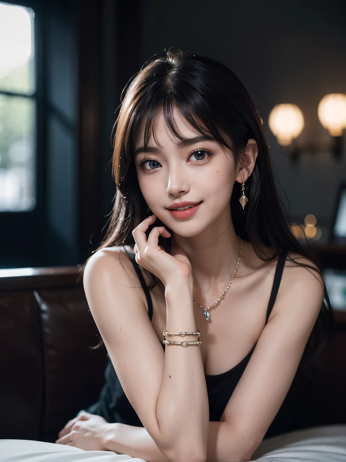 8k, masterpiece, RAW photo, best quality, photorealistic, extremely detailed CG unity 8k wallpaper, Depth of field, Cinematic Light, Lens Flare, Ray tracing, (extremely beautiful face, beautiful lips, beautiful eyes), intricate detail face, ((ultra detailed skin)) 1girl, in the dark, deep shadow, pretty asian girl, ((looking at viewer)),(big smile), (blurry background), (pretty girl), earrings, bracelets, necklace, clear eyes, extreme long shot, (pale skin), face forward, (big eyes), large breasts, ((smile)), (masterpiece, best)),(1girl),((mature woman)), bangs, mid-chest, (full), slim, lazy face, [wide hips], Bare shoulders, Blue Eyes, Full body, black t shirt off shoulders, bend over.