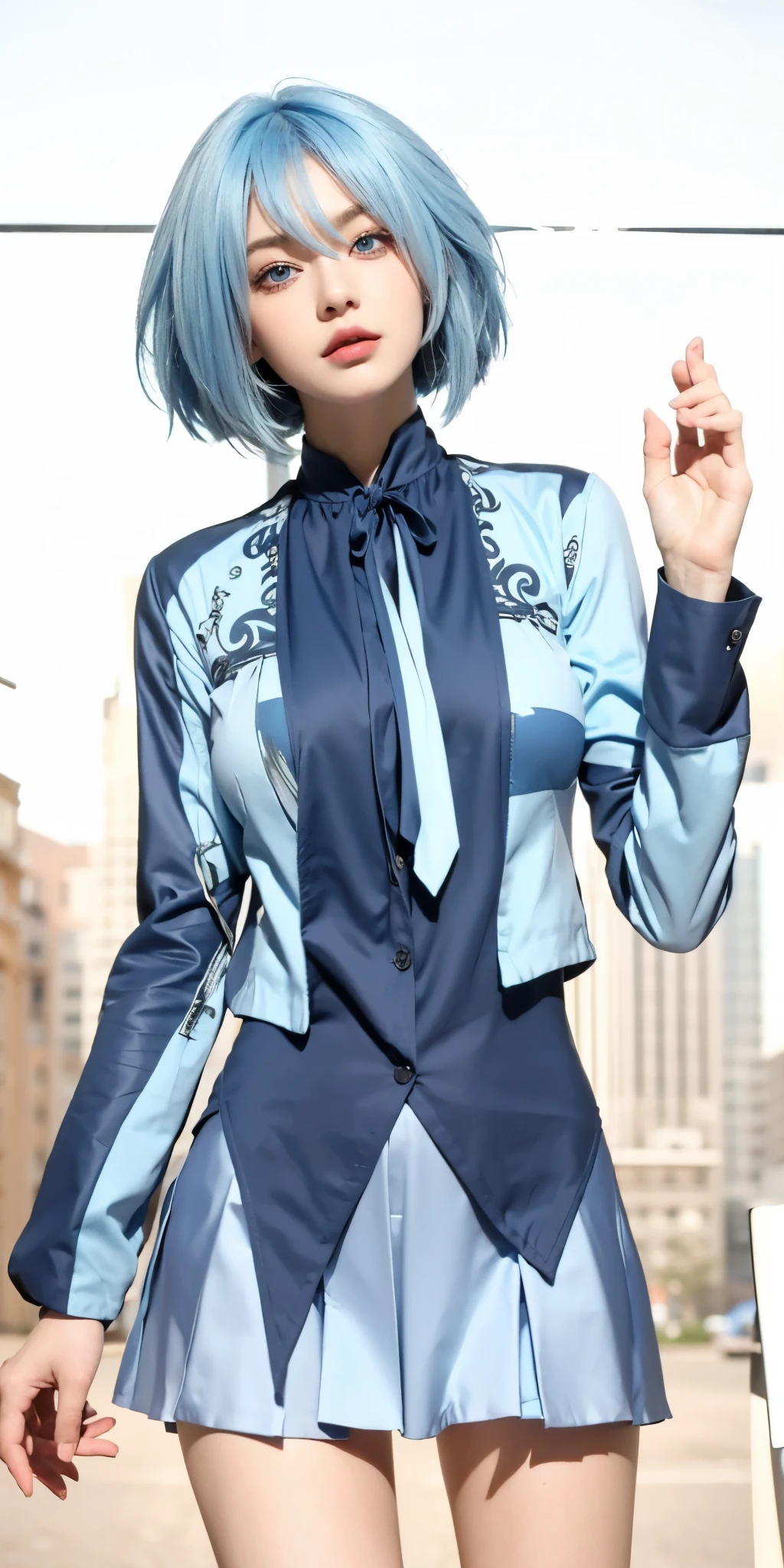 1girl,big breast , blue hair, blue eyes,high quality, ultra detailed, masterpiece, realistic, clothes