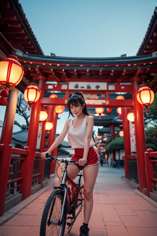 a girl rides a bicycle, dolphin shorts, a group of red lanterns sitting in front of a tall building, inspired by Torii Kiyomasu, pixiv, conceptual art, unreal engine ; romantic theme, sakura season dynamic lighting, close up of iwakura lain, mysterious temple setting