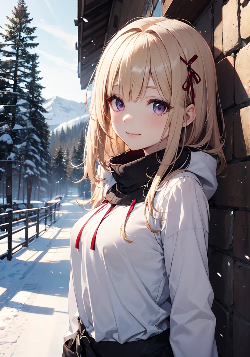 masterpiece, absurdres, best quality, ultra detailed, high Resolution, detailed illustration, extremely beautiful detailed face and eyes, bright colour, 1girl, (li), cute face, Delicate beautiful face, magenta eyes, cute eyes, sparkling eyes, big eyes, medium breasts, (perky breasts:1.1), (pointy breasts:1.1), medium hips, glamorous body, white skin, Smile, BREAK, long bob cut, (blonde hair:0.8), messy hair, detailed hair, shiny hair, BREAK skiing wear, tiny ribbon, Ski resort, ski slope, winter, playing ski, real world, natural lights, perfect lighting,