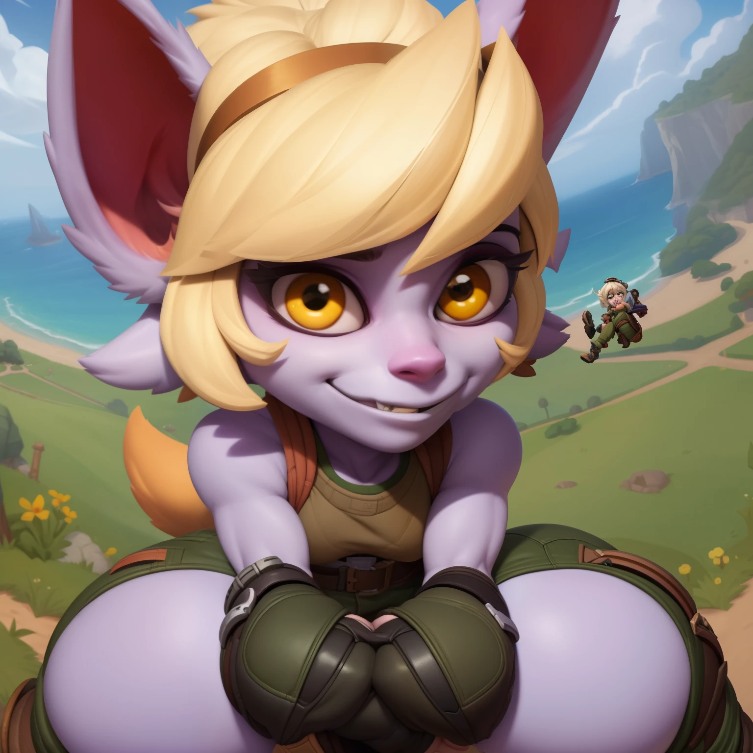 Tristana, 1 chica, de pie, retrato, safety glasses, top corto, pechos grandes,pantalones verdes cortos apretados, big glutes,guantes sin dedos, Solo, (Mejor calidad), (Fondo de League of Legends al aire libre:1.2), busto grande , dramatic lighting, cabello detallado, mirando al espectador,