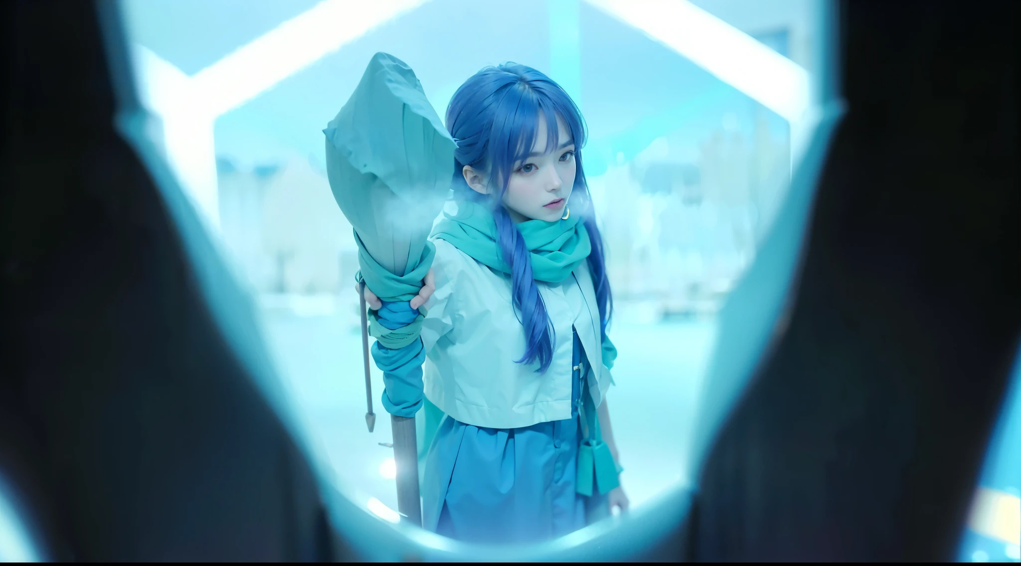 (high quality,4K,8K,High resolution,masterpiece:1.2),super detailed,(realistic,photorealistic,photo-realistic:1.37)、purple hair:1.2、Expressionless、wooden cane:1.2、Hold the cane、Scarf、surrounded by blue light、Shadow