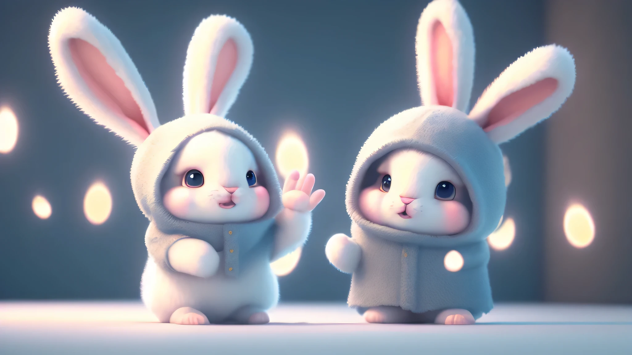 Cute cute rabbits waving and smiling hello to me, unreal engine, Cozy indoor lighting, art station, detailed digital paintings, Filmography, Character Design:mark the sound、pixar、hayao miyazaki, unreal 5, Daz, surrealism, octane rendering