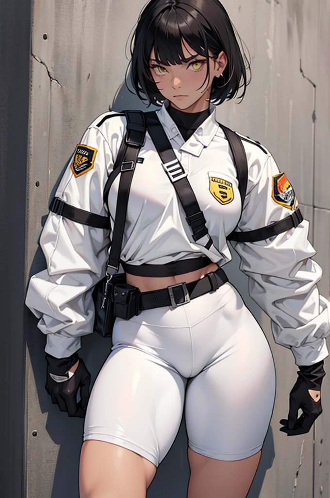 short legging white, short legging white, meia calça preta, meia calça preta, short em cima da meia calça,1girl muscular pale skin black hair yellow eyes black against wall sad sad sad sad tight short leggings white thick thick thick thick muscular muscular muscular muscular muscular girl dark dark, meias calça marrom, coxas sexy, belos olhos, meia calça preta, meia calça marrom , , best quality, highres, solo, black hair, , black gloves, bike_shorts, bangs, white shirt, badge, medium breasts, cowboy shot white , frown, , leaning forward, pointing at viewer