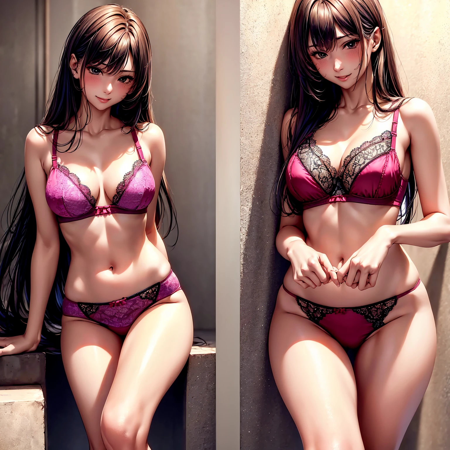 (highest quality、masterpiece、very high resolution、ultra high resolution,High-quality detail)、1 girl with perfect figure、she has a super beautiful face、medium long hair、(In underwear:red underwear,Blue underwear,purple underwear,Wearing pink underwear 1.2)、(lace bra,lace panties,Underwear has colors and patterns)、Lingerie Shop、Underwear section,Mr.々underwear is sold,I can see the cleavage、full body portrait、underwear models、Posing、has a bright smile、underwear appeal、(Accurate composition,accurate image,accurate limbs),