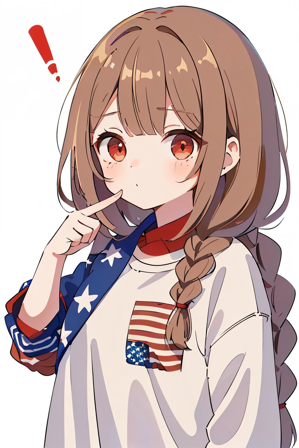 Little,cute,girl,(high quality:1.5),(High resolution:1.5),(light brown hair:1.2),(red eyes:1.2),(long braided hair:1.25),(fluffy and voluminous hair:1.25),(🇺🇸:1.4),(Costumes inspired by the American flag:1.4),(POP and casual clothes:1.3),(big breasts),(face thoughts:1.3),(He seems to be thinking with his finger on his face.:1.35),