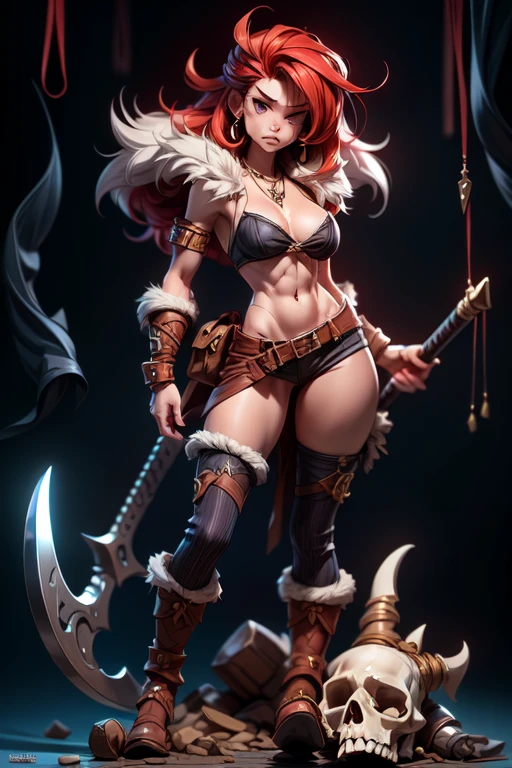 A barbarian woman (fur bikini, battle axe, knee high fishnet stockings (tears)), power poses wielding axe, flirting, corpse strewn battlefield