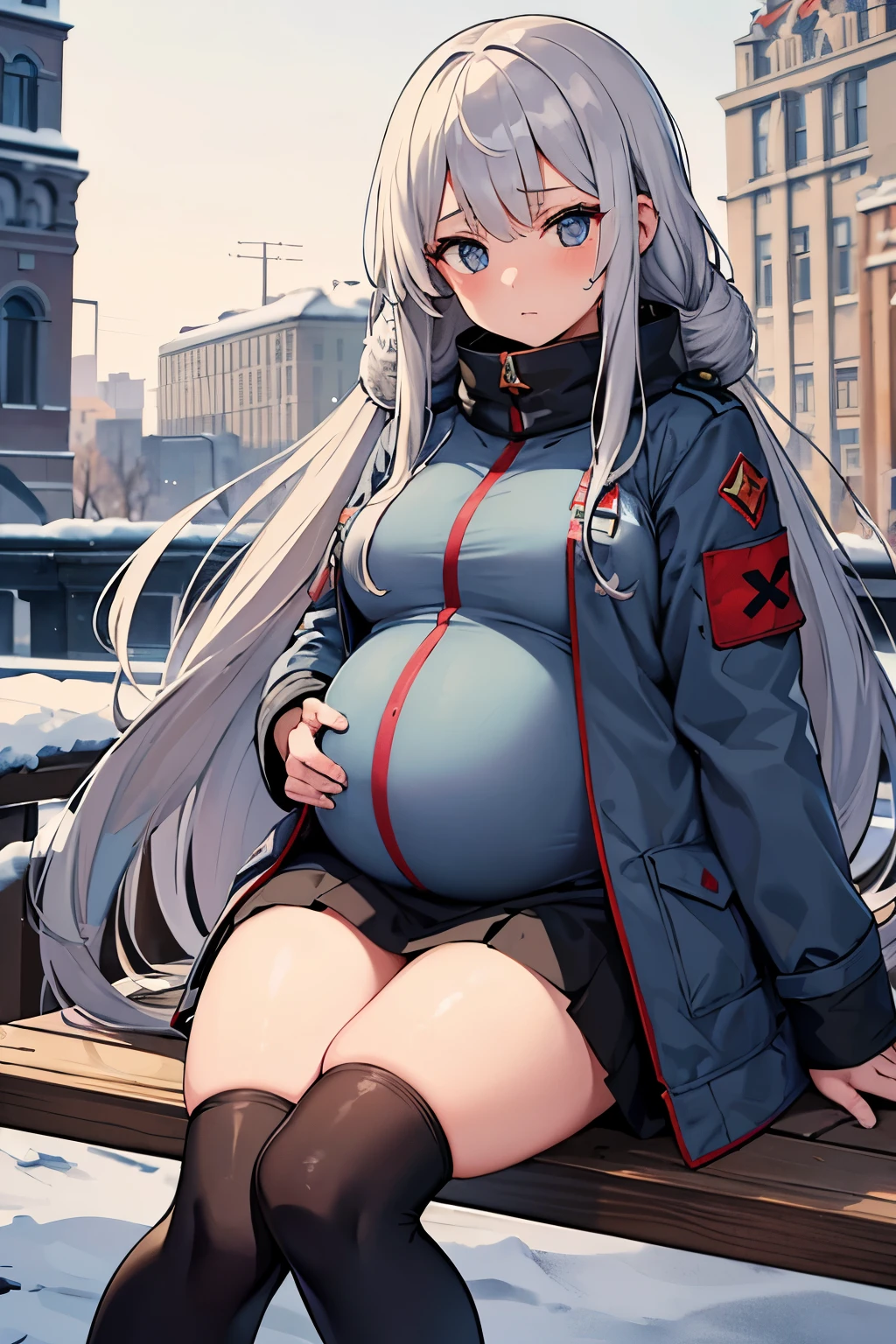 1 girl, long gray hair, Russian girl, Russian text, Cyrillic text, big pregnant, winter jacket, USSR uniform style, winter, at trimester pregnancy, rubbing belly, at Moskow, facing at camera