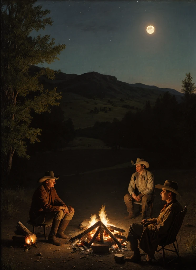 chalk on vermillion canvas oil painting, a lone cowboy sitting by a campfire late at night, half moon, Johnson Moonlight Technique, dramatic landscape, Old West, by Frank Tenney Johnson, Charles Marion Russell, Frederic Remington, muted colors, immersive