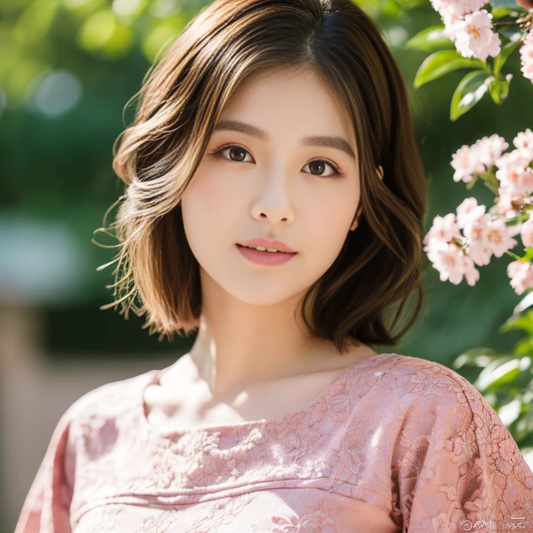 (best quality,4k,8k,highres,masterpiece:1.2),ultra-detailed,(realistic,photorealistic,photo-realistic:1.37),red furisode,short hair,small face,beautiful detailed eyes,beautiful detailed lips,Vivid colors,studio lighting,portraits,lush garden scenery,traditional Japanese architecture,Cherry blossoms,subtle pink color palette,soft natural lighting,delicate lace pattern,graceful posing,Detailed face structure,long eyelashes,subtle smile,stunning makeup.