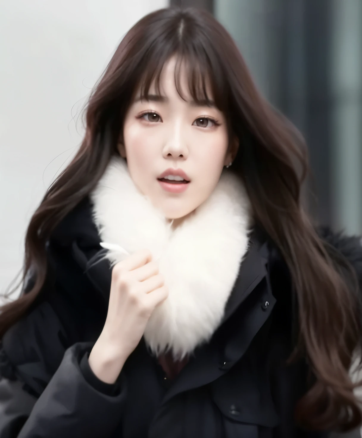 un primer plano de una mujer vestida con un abrigo negro y un cuello de piel blanco, bae suzy, ella tiene el pelo negro con flequillo, linda actriz coreana, Hye Kyo song, flequillo esponjoso, Jinyoung Shin, pale korean adorable face, Lalisa Manobal, muchacha coreana, Lalisa Manoban de Blackpink, con flequillo completo