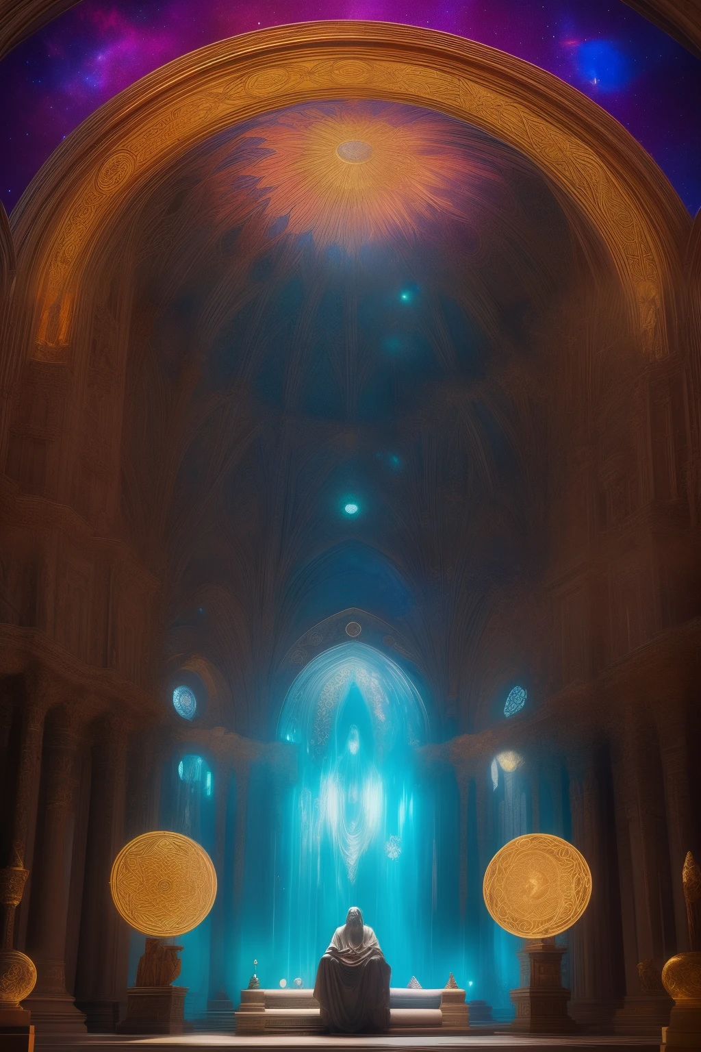 In this enchanting scene, shadows dance softly upon the earth as spiritual beings, clad in ethereal robes, sit in deep meditation among celestial alter and statues of higher dimensional celestial beings. Their faces, illuminated with a soft glow, reveal an air of wisdom and advanced knowledge gathered through cosmic vibrations.
Fantasy art comes alive as these celestial beings exude a magical and cosmic energy, their vivid, colorful, and hyperdetailed forms radiating with a divine and stoic presence. The atmosphere is set with vibrant, cosmic symbols and celestial scripts, adding to the sense of otherworldly wonder and harmony.
As the camera