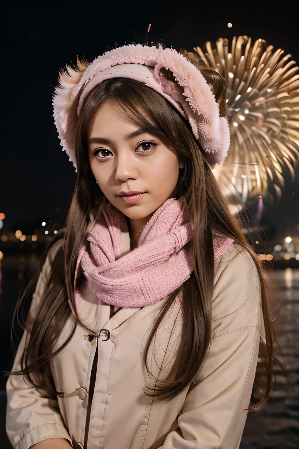 Big eyes, Japanese, Mixed-race heritage, Dress up, No bangs, light brown hair color, Long hair that reaches to the chest, new year, London, firework, pink scarf, pink earmuffs