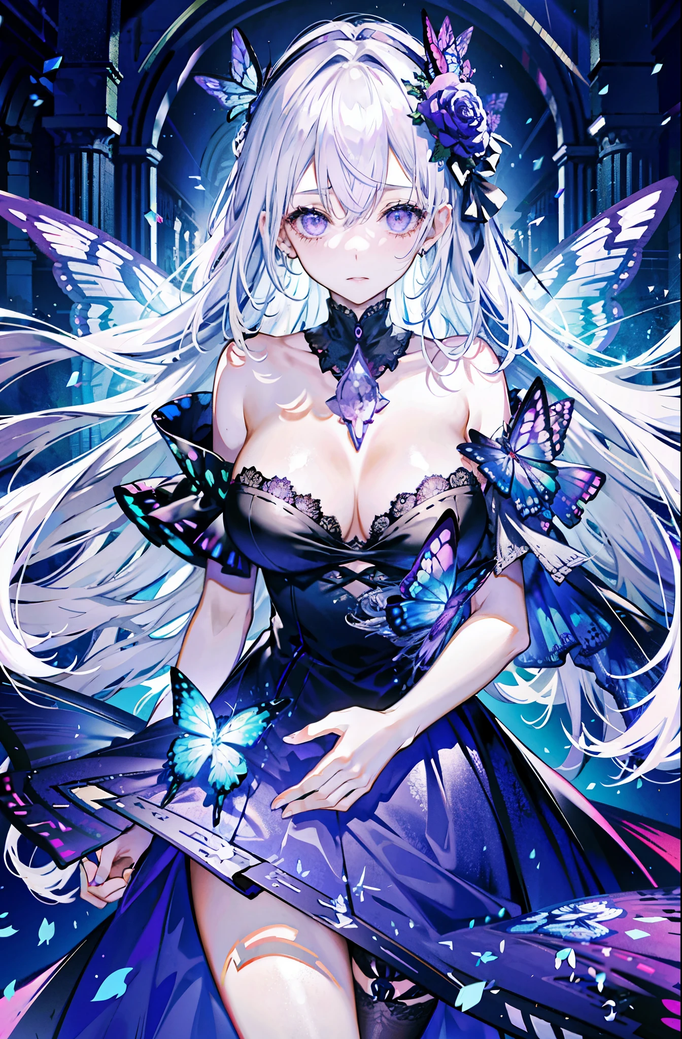 silver hair,Butterfly,long gray hair,8k wallpaper,Detailed background,highest resolution,Deep V big breasts,hair covering one eye,Bando,Church background,purple roses,Tight,moon,