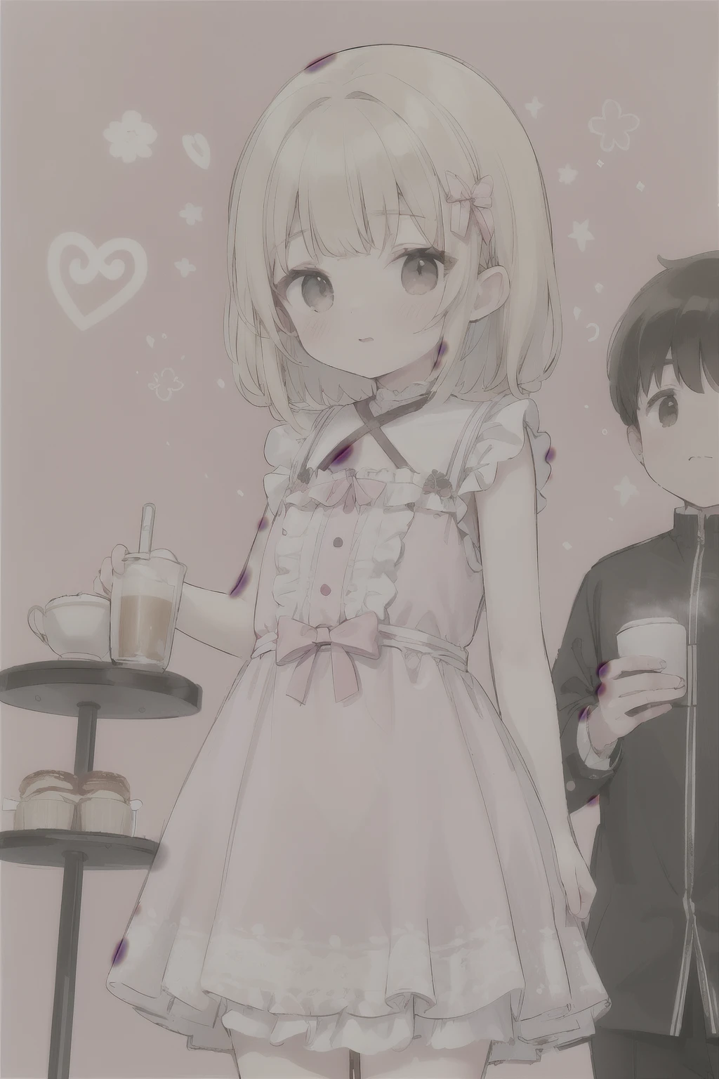 Cute Girl, Blonde with brown eyes, in a korchnev dress, Against the background of Kaveh, Café in pink tones, Pink background