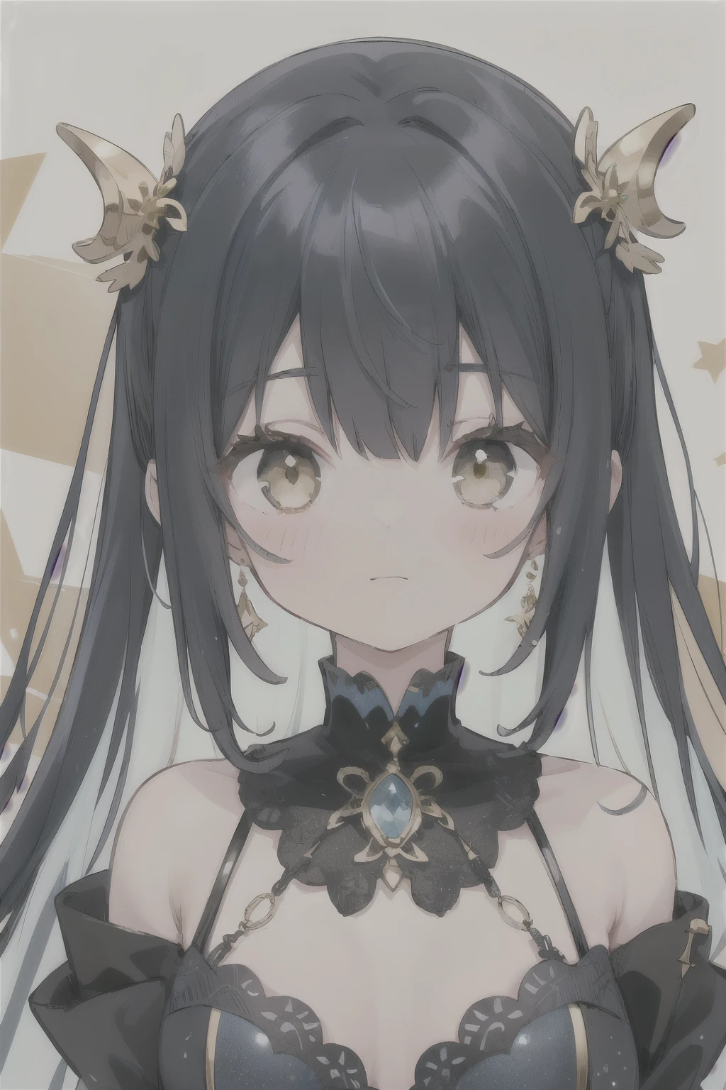 Anime Style, 1 girl, upper body, big face, blue hair, yellow eyes, black dress with gold elements, gold jewelry