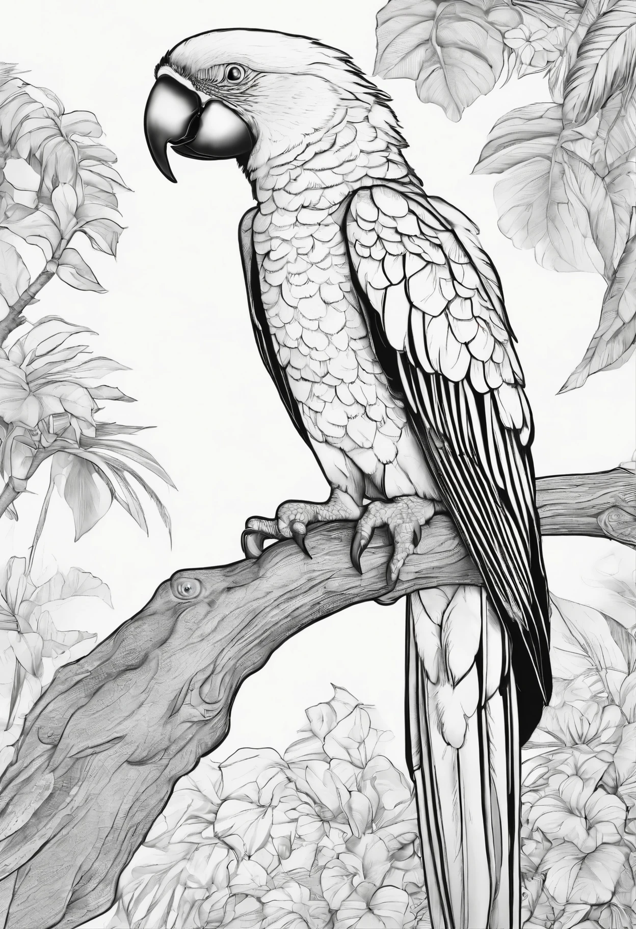 Macaw coloring page, detailed artwork, black and white,