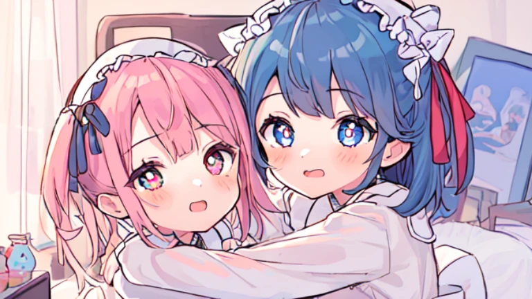 (masterpiece, best quality;1.3), (2girls:1.3),maidennurse, hair accessories, split,Ribbon heart-shaped pupils,hug together