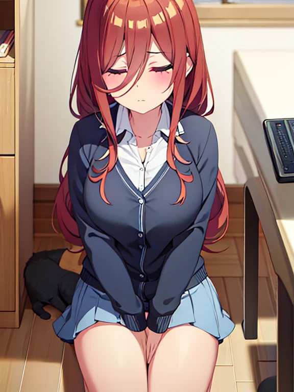 Masutepiece, Best quality, (highly detailed CG Unity 8k wallpaper) (Best quality), (best illustration), (Best Shadowiku Nakano, brown hair, blue eyes, classroom, beautiful detailed eyes, Looking at spectator,((blue cardigan)),((very short green pleated miniskirt)),((black pantyhose)), distress,pigeon toes, lifting skirt by myself,full face blushing,panties showing