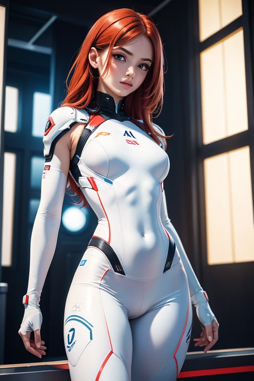 (best quality,8k:1.2,high resolution:1.2),ultra-detalhado,Realistic,science fiction female,red hair,rosto extremamente detalhados,long eyelashes,Collant de nylon branco Apertado,white gloves, white Glossy plastic accessories,Physically-based rendering,foco nítido,studio lighting