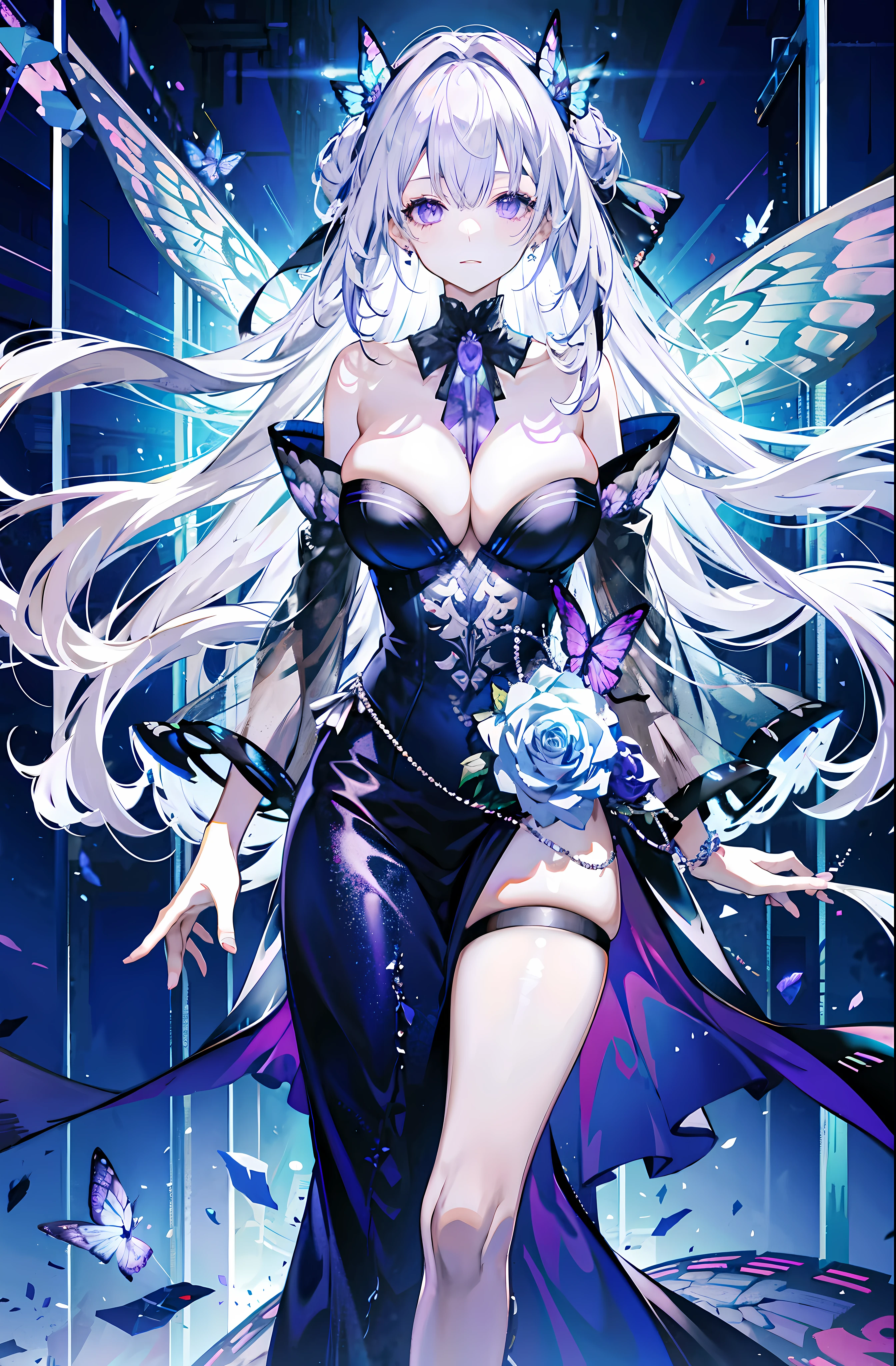 silver hair,Butterfly,long gray hair,8k wallpaper,Detailed background,highest resolution,Deep V big breasts,hair covering one eye,Bando,Church background,purple roses,Tight,moon,