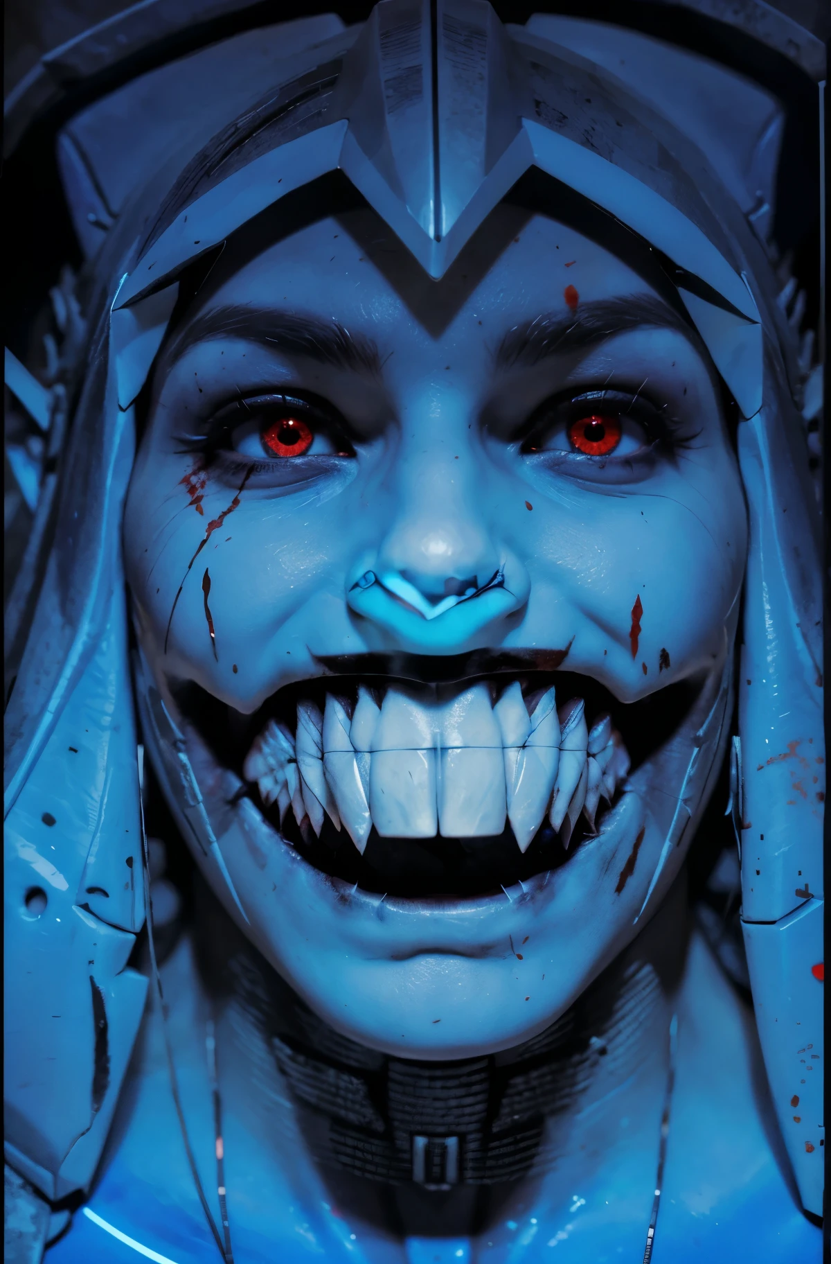 The ancient face of god mixed with cyberpunk theme, close up face, Red eyes, bloodlust eyes, Red LED light effect on the eyes, Grinding, scary, showing teeth, shark teeth, made from stone, inhuman, A god, amazing, bes quality, rendering, hyper realistic, 8k