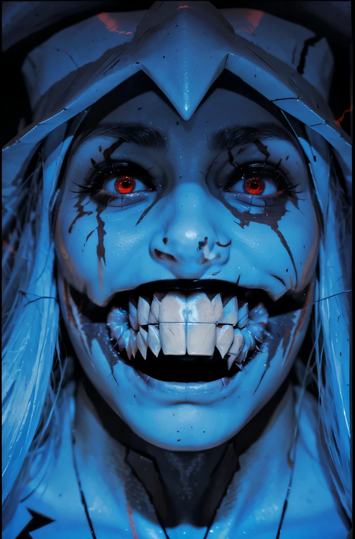 The ancient face of god mixed with cyberpunk theme, close up face, Red eyes, bloodlust eyes, Red LED light effect on the eyes, Grinding, scary, showing teeth, shark teeth, made from stone, inhuman, A god, amazing, bes quality, rendering, hyper realistic, 8k