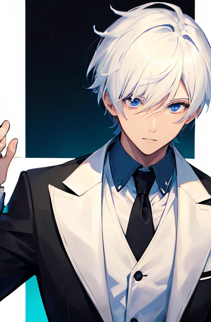 Short white hair, male, black suit, bar, blue eyes, handsome 