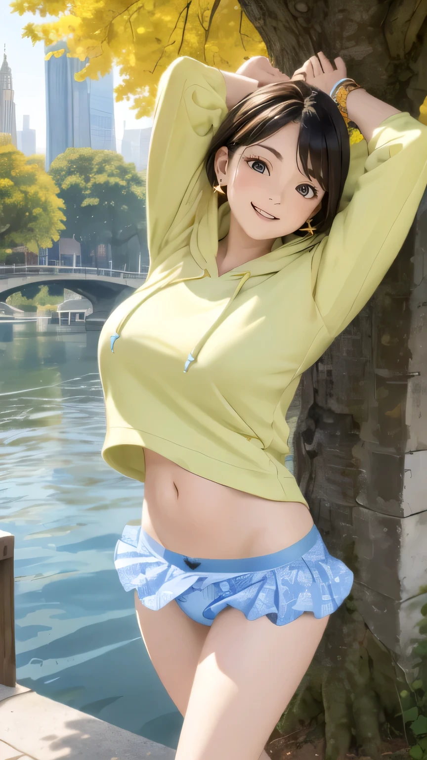 (energy and freshness, a woman showing off her panties and pubic-hair), drooping eyes, realistic skin, various-pattern-shirt and skirt and panties and hoodie, swollen areolas, sneakers, smile, earrings, river-side, trees, skyscrapers,