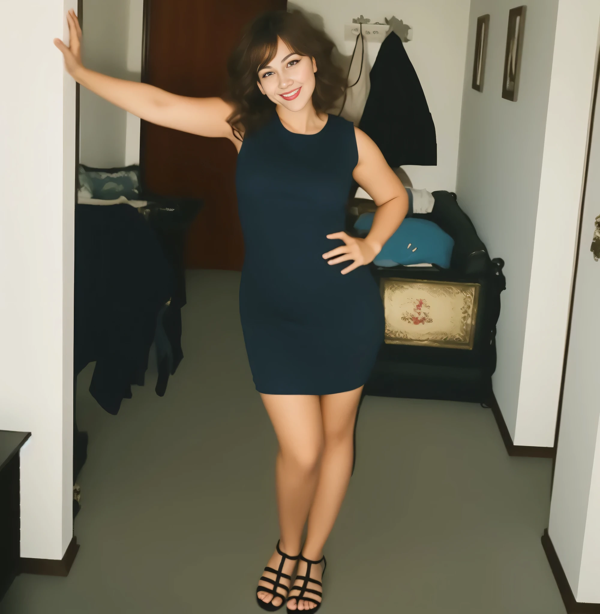 There is a woman in a dark blue dress posing for a photo, usando um vestido azul, ela tem cerca de 30 anos, Usando um vestido azul escuro, usando um vestido azul escuro justo, um vestido de coquetel, usando um vestido maravilhoso. Uma mulher com pele branca e cabelos escuros. Ela tem trinta anos. Seu vermelho, slightly plump lips are like a delicate flower, e ela grande, olhos encantadores parecem conter um mundo de maravilhas. Ela tem 30 anos. Ela tem 162cm de altura, o corpo dela pesa 56 kg. Your body exudes glamor and your face is the definition of beauty. pernas bem torneadas. Altamente realista, pele avermelhada, beautiful lips, sorriso, feeling of lightness and joy, hiperrealismo, pele muito elaborada, olhar direto, trabalho de arte, Foto de alta qualidade, high resolution, 8k.