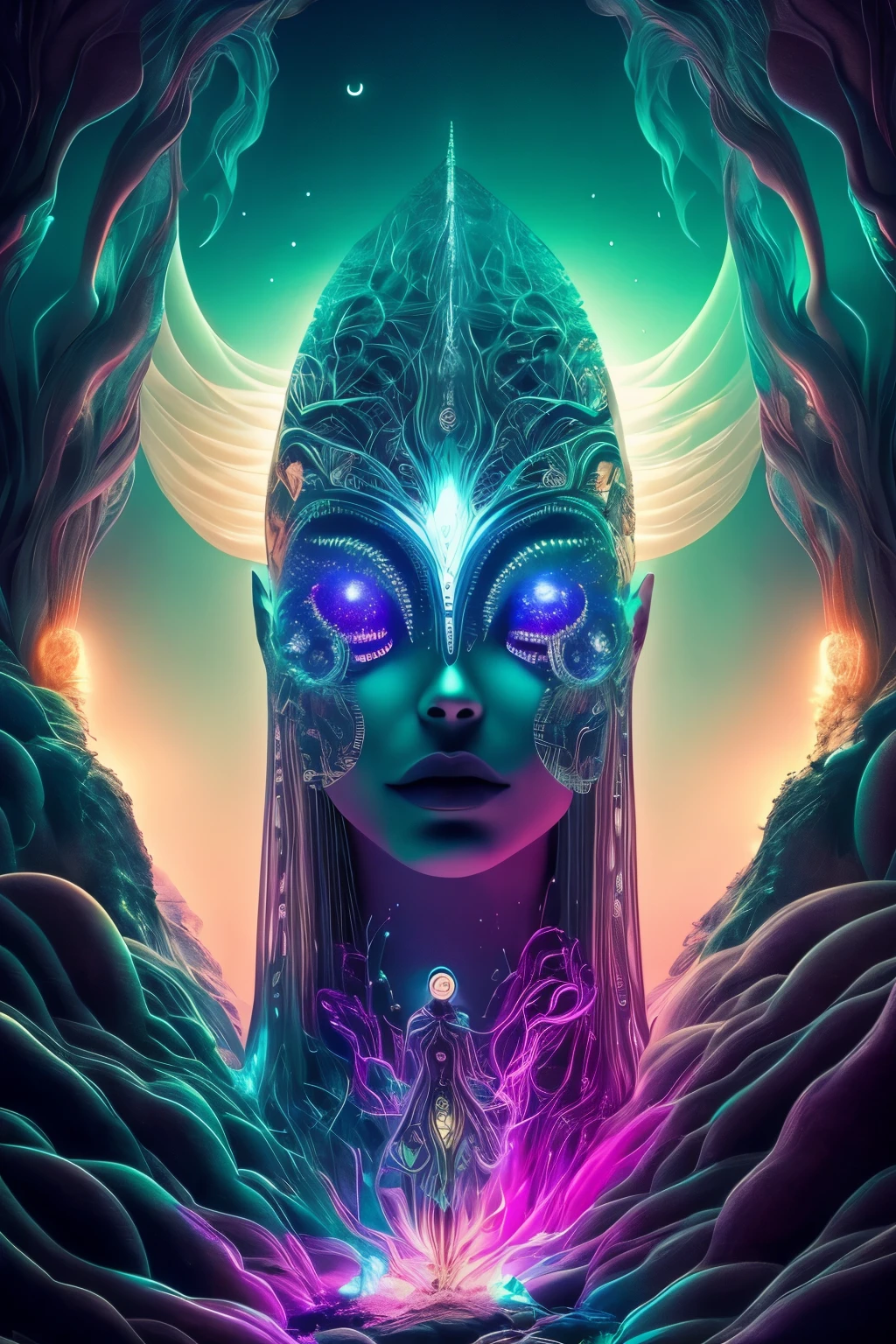 A haunting portrayal of celestial cosmic beings with glowing light eyes, their forms a mesmerizing blend of biomechanical and ethereal essence. The image exudes an eerie, creepy vibe that delves into the realms of the nightmarish. The vivid and vibrant colors create a stark contrast against the darkness, engulfing the scene in a surreal and otherworldly atmosphere. Light particles dance and swirl around the beings, emitting an ethereal glow that adds to the overall mystique of the composition. The attention to detail is astonishing, with every intricacy of their forms meticulously captured. This mesmerizing masterpiece, known as "Mshiff," is a testament to the power and allure of wallpaper art. Shot in ultra-high-definition, this cinematic photoshoot
