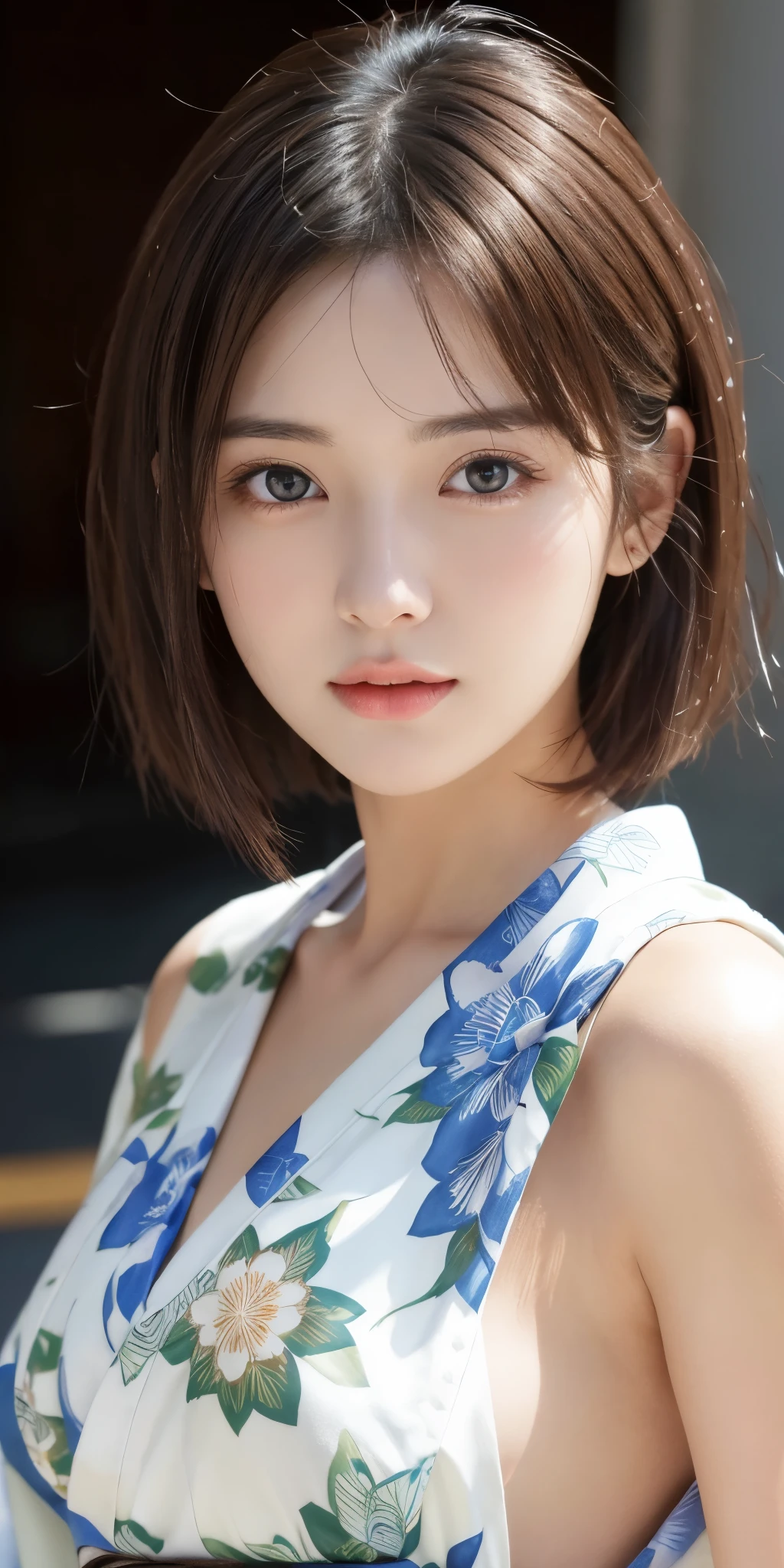 masterpiece、highest quality、High resolution、table top、wallpaper、realistic、bright lighting、professional lighting、face light、smooth lighting、japanese woman、adult woman、Beautiful woman、actress、modeled、gravure、sexy、super beautiful、beautiful skin、beautiful and detailed eyes、detailed face、slim、Medium large breasts、medium to large breasts、short hair、brunette colored hair、brown eyes、look at the camera、japanese kimono、Japanese Yukata、At the fair