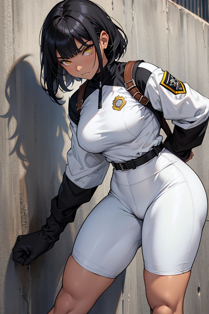 short legging white, short legging white, meia calça preta, meia calça preta, short em cima da meia calça,1girl muscular pale skin black hair yellow eyes black against wall sad sad sad sad tight short leggings white thick thick thick thick muscular muscular muscular muscular muscular girl dark dark, meias calça marrom, coxas sexy, belos olhos, meia calça preta, meia calça marrom , , best quality, highres, solo, black hair, , black gloves, bike_shorts, bangs, white shirt, badge, medium breasts, cowboy shot white , frown, , leaning forward, pointing at viewer