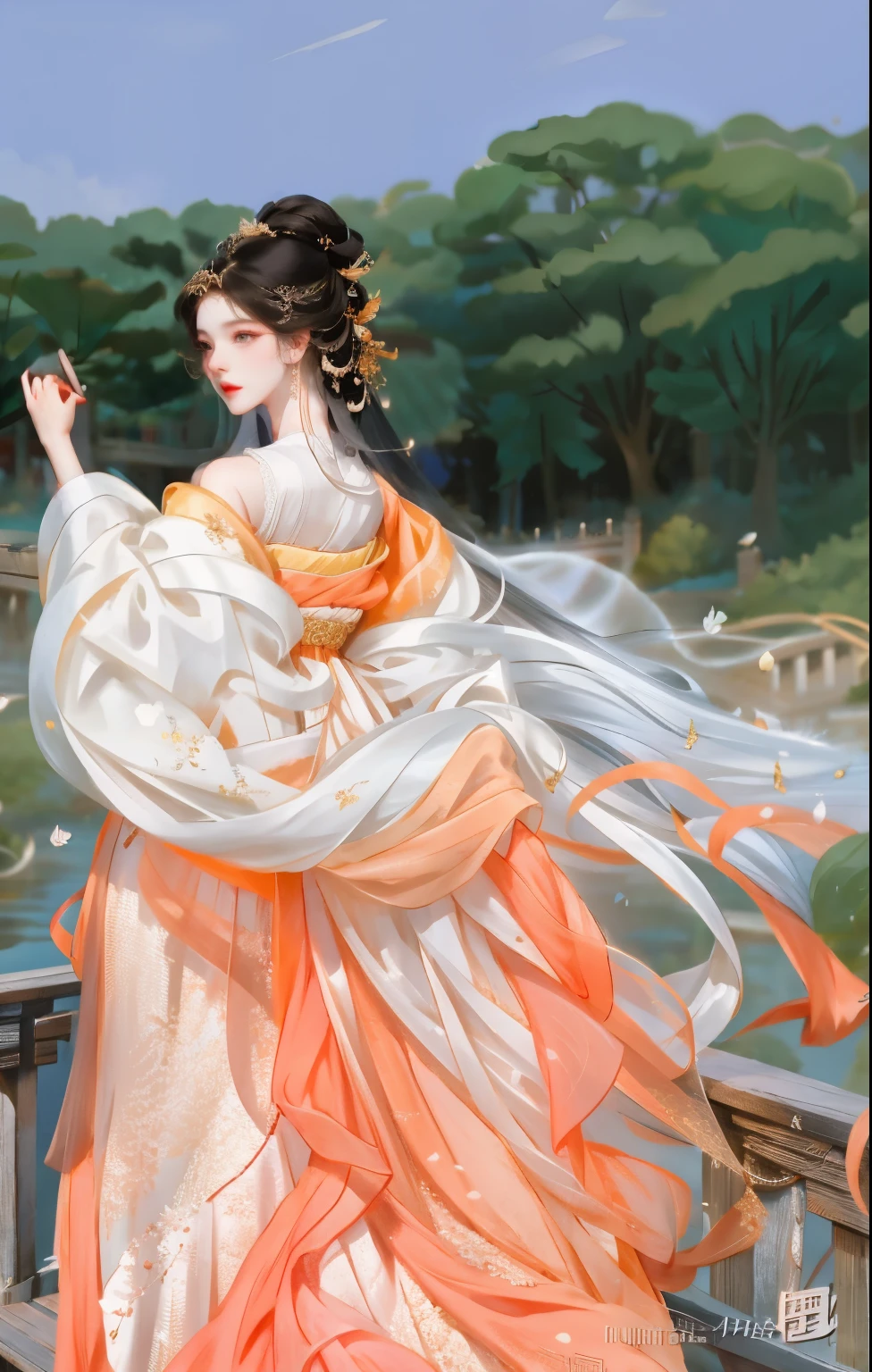 Alafid woman in colorful dress standing on bridge, Wearing a luxurious silk cloak, Silk flutters in the wind, hanfu, wearing chinese clothes, flowing magic robe, flowing robe, flowing dress, chinese princess, wearing a flowing dress, Chinese traditional clothing, palace ， A girl wearing Hanfu, ethereal beauty, long beautiful flowing kimono, Orange ethereal