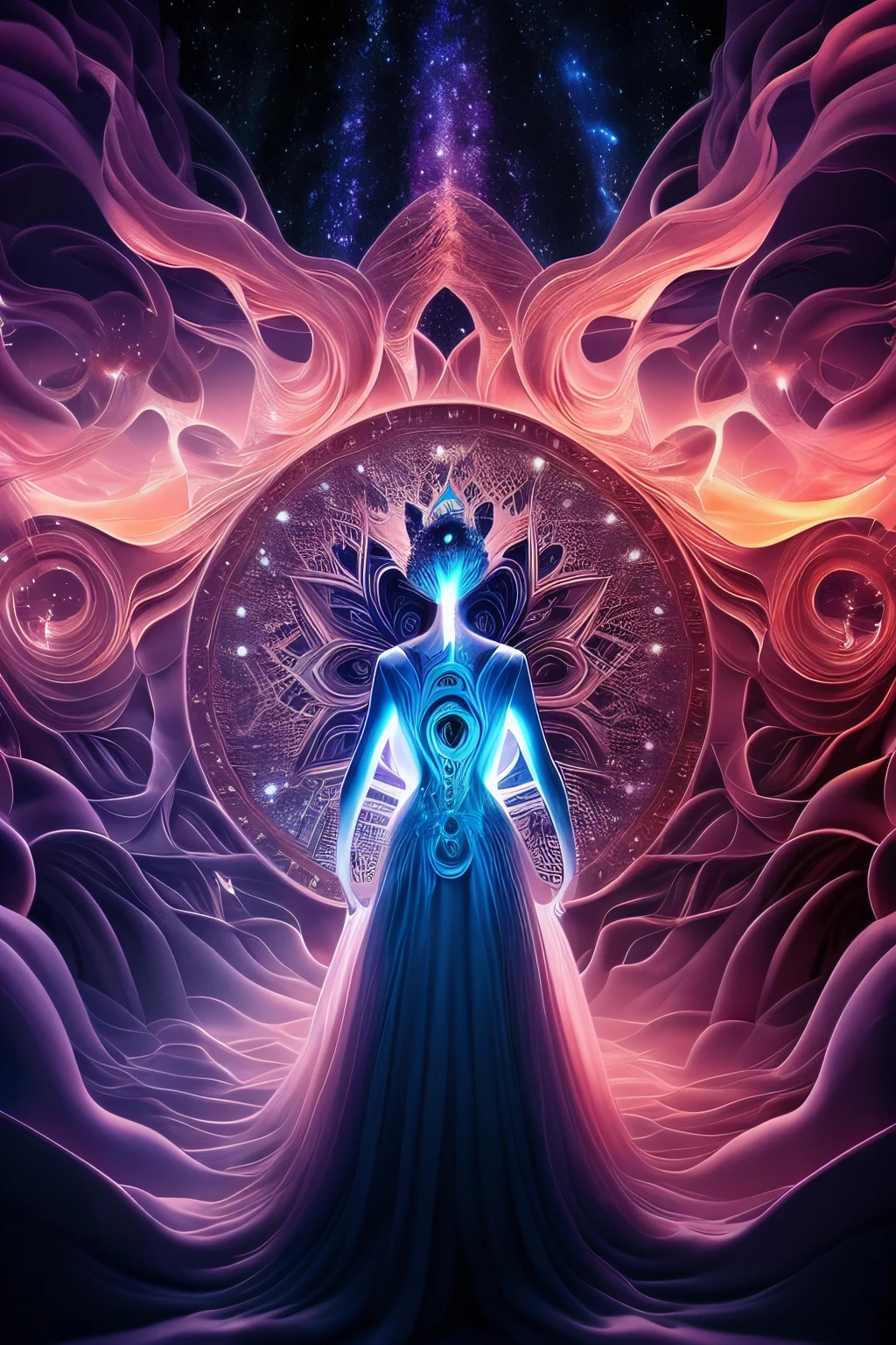 A haunting portrayal of celestial cosmic beings with glowing light eyes, their forms a mesmerizing blend of biomechanical and ethereal essence. The image exudes an eerie, creepy vibe that delves into the realms of the nightmarish. The vivid and vibrant colors create a stark contrast against the darkness, engulfing the scene in a surreal and otherworldly atmosphere. Light particles dance and swirl around the beings, emitting an ethereal glow that adds to the overall mystique of the composition. The attention to detail is astonishing, with every intricacy of their forms meticulously captured. This mesmerizing masterpiece, known as "Mshiff," is a testament to the power and allure of wallpaper art. Shot in ultra-high-definition, this cinematic photoshoot