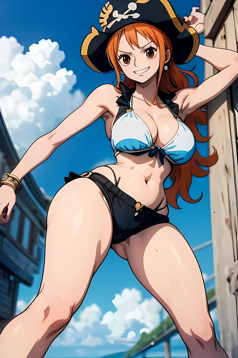 one piece nami appearing with her legs open looking at the viewer full body image of her in one piece pirate outfit