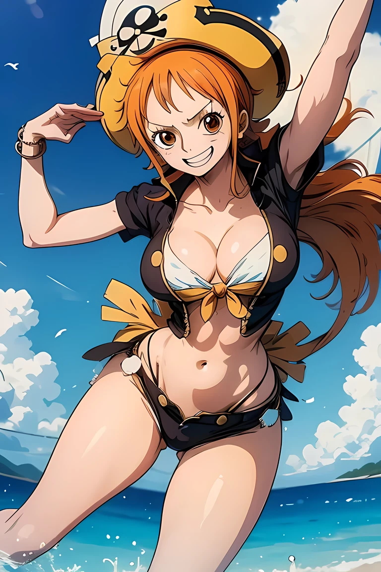 one piece nami appearing with her legs open looking at the viewer full body image of her in one piece pirate outfit