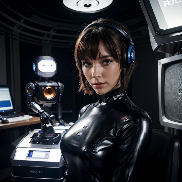 Une femme moitié robot qui ecoute de la music