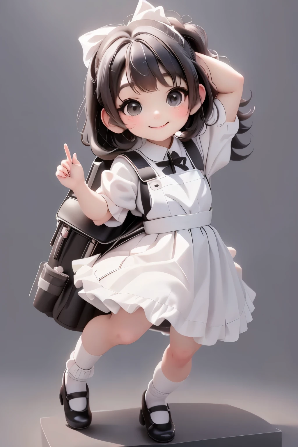 masterpiece, best quality, a cute chibi **** schoolgirl smiling, black hair, (white pinafore dress), (((short))) puffy sleeves, white hairbow, white socks, (((black mary janes))), school backpack, dynamic pose, (((full body)))