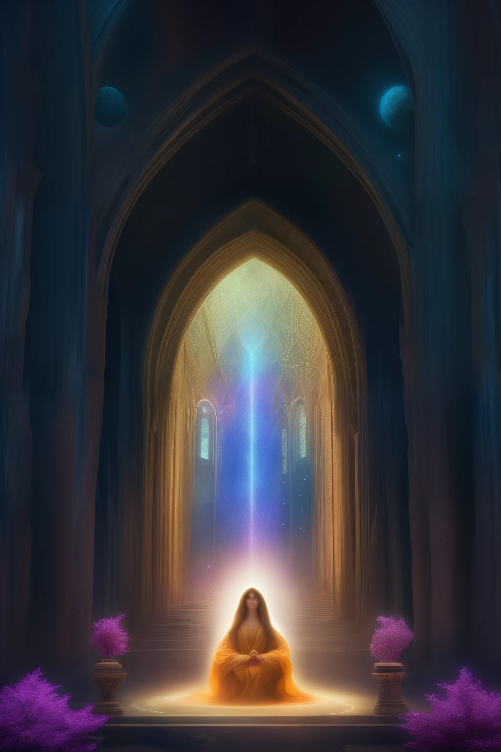 In this enchanting scene, shadows dance softly upon the earth as spiritual beings, clad in ethereal robes, sit in deep meditation among celestial alter and statues of higher dimensional celestial beings. Their faces, illuminated with a soft glow, reveal an air of wisdom and advanced knowledge gathered through cosmic vibrations.

Fantasy art comes alive as these celestial beings exude a magical and cosmic energy, their vivid, colorful, and hyperdetailed forms radiating with a divine and stoic presence. The atmosphere is set with vibrant, cosmic symbols and celestial scripts, adding to the sense of otherworldly wonder and harmony.

As the camera