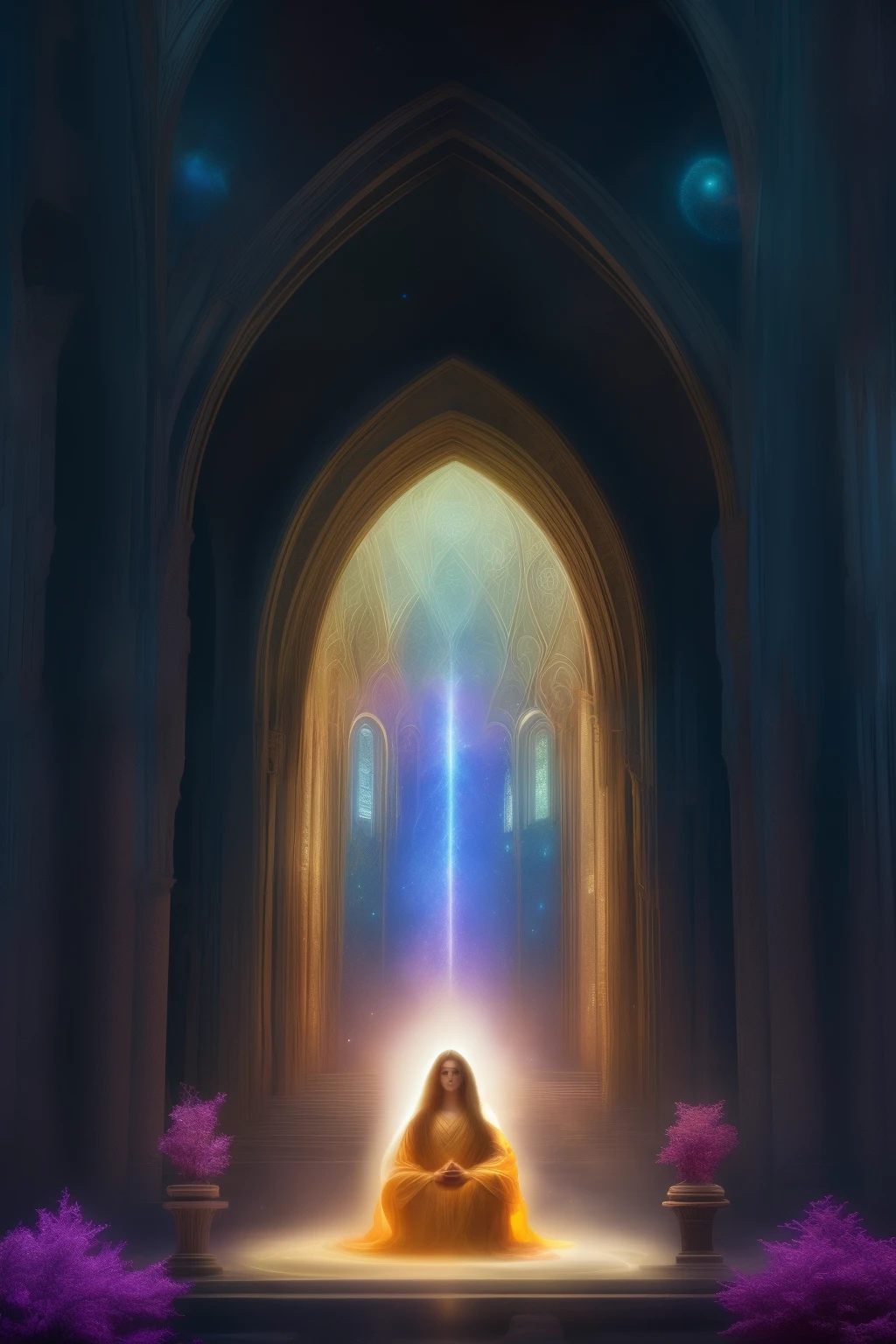 In this enchanting scene, shadows dance softly upon the earth as spiritual beings, clad in ethereal robes, sit in deep meditation among celestial alter and statues of higher dimensional celestial beings. Their faces, illuminated with a soft glow, reveal an air of wisdom and advanced knowledge gathered through cosmic vibrations.
Fantasy art comes alive as these celestial beings exude a magical and cosmic energy, their vivid, colorful, and hyperdetailed forms radiating with a divine and stoic presence. The atmosphere is set with vibrant, cosmic symbols and celestial scripts, adding to the sense of otherworldly wonder and harmony.
As the camera