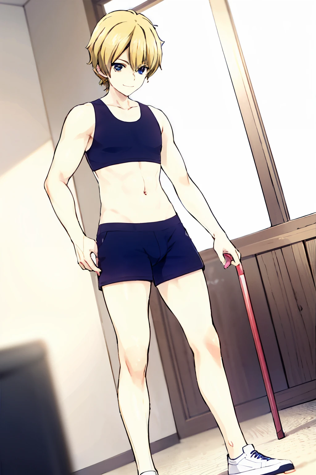anime boy in a room, solo, seductive anime boy, attractive anime boy, tied blond boy, Blue-eyed boy, thick, boy wearing black sports bra, Wearing black shorts, cool sportswear, cute sportswear, anime boy, Also, anime moe art style, anime husband, male protagonist , an anime boy, play sports often, cute anime boy, (anime boy), pretty anime boy, cool anime boy,
